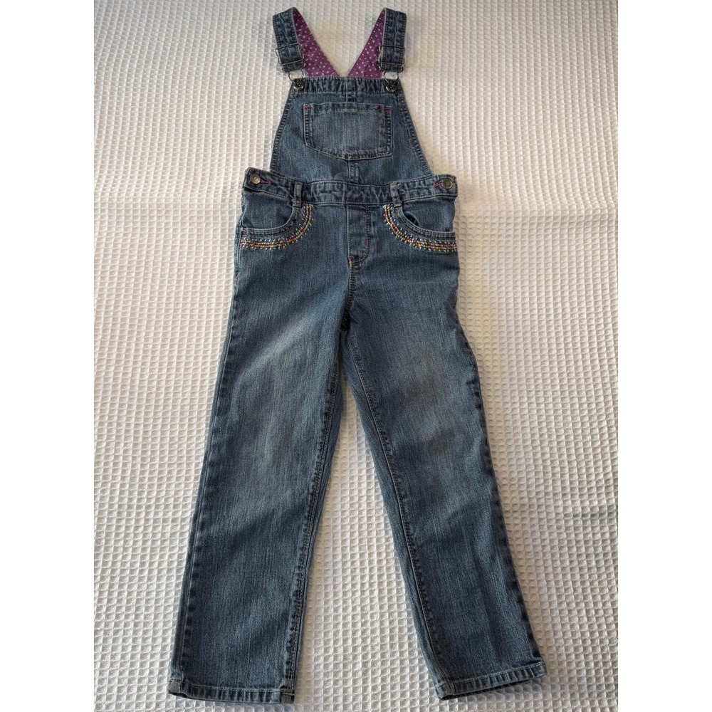 Genuine Kids OshKosh‎ Girls Denim Overalls 5T Blue Beaded Embroidery Polka Dot